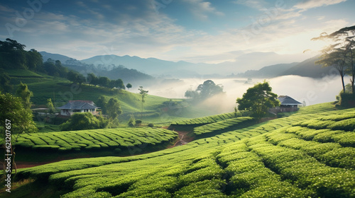 A traditional tea plantation with rolling hills and misty landscapes  inviting visitors to immerse in tea tourism Generative AI
