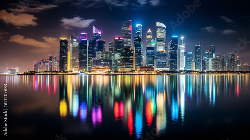 A vibrant cityscape at night, with buildings illuminated and reflecting on the water, showcasing the allure of urban nightlife tourism Generative AI © Наталья Евтехова