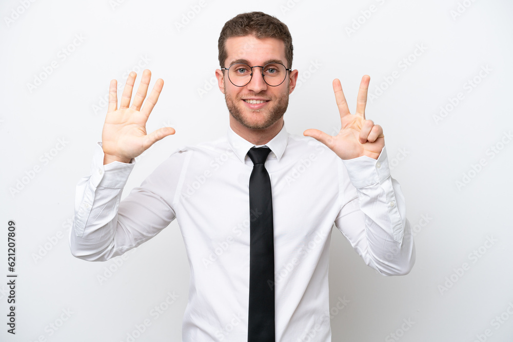 Young business caucasian man isolated on white background counting eight with fingers Young business caucasian man isolated on white background counting eight with fingers