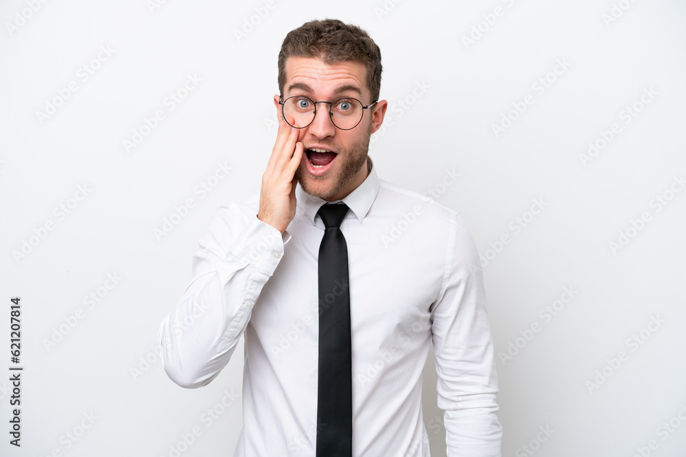 Young business caucasian man isolated on white background with surprise and shocked facial expression Young business caucasian man isolated on white background with surprise and shocked facial expression