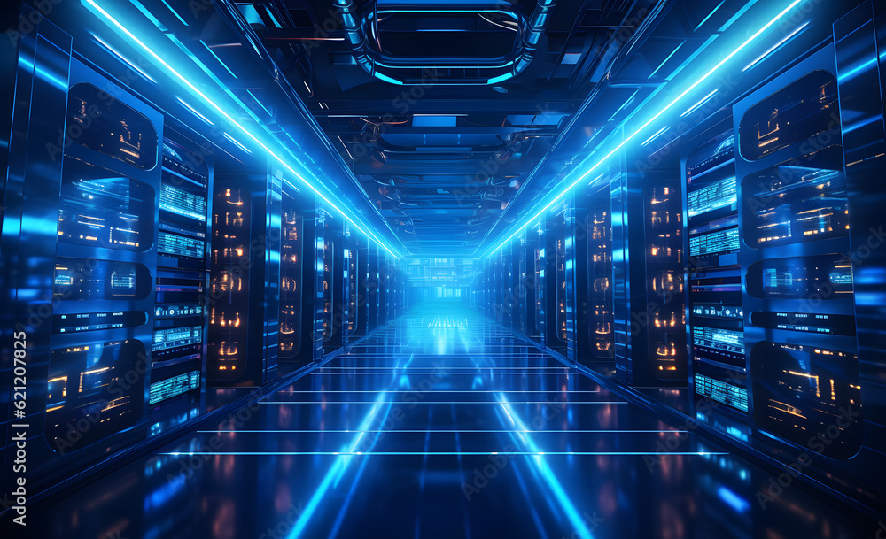 Rack housing server data storage hardware, Binary code tunnel background, Futuristic blue server room panoramic background Rack housing server data storage hardware, Binary code tunnel background, Futuristic blue server room panoramic background