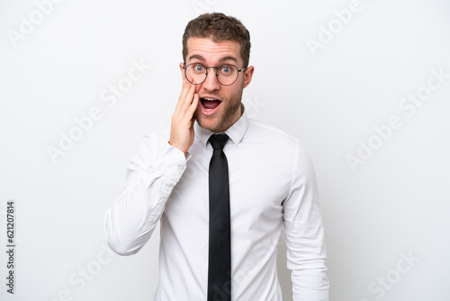 Young business caucasian man isolated on white background with surprise and shocked facial expression