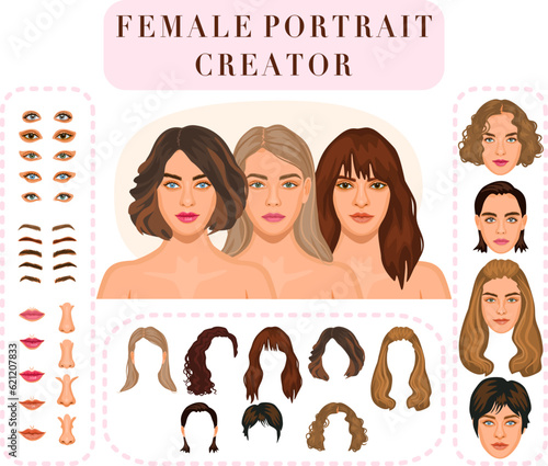 Female portrait generator. Avatar creator set. Faces of young women with different features and hairstyles. Diversity And variety Concept.
