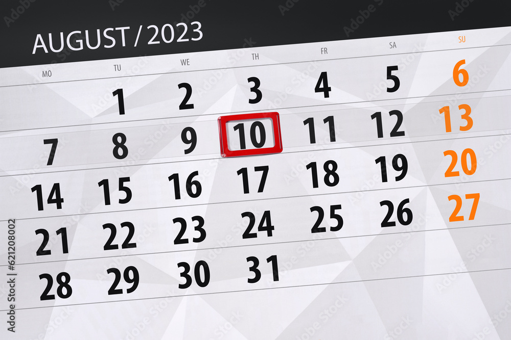 Fototapeta premium Calendar 2023, deadline, day, month, page, organizer, date, August, thursday, number 10