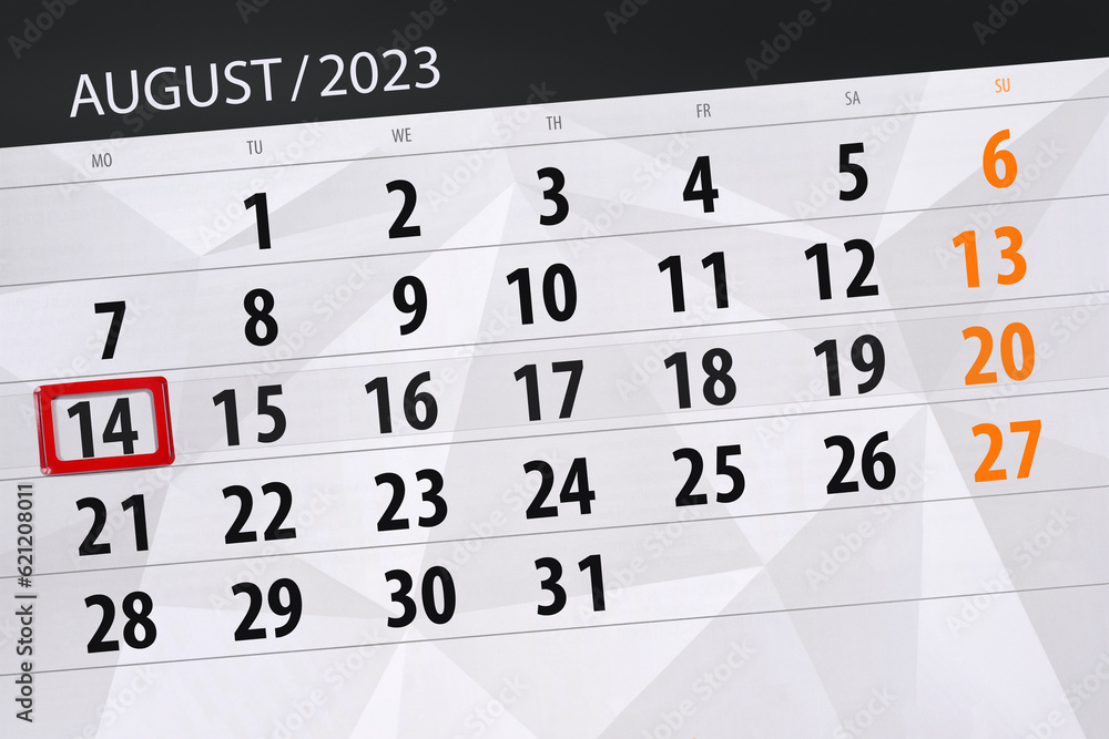 Obraz premium Calendar 2023, deadline, day, month, page, organizer, date, August, monday, number 14
