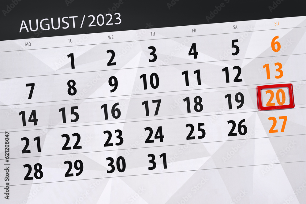 Obraz premium Calendar 2023, deadline, day, month, page, organizer, date, August, sunday, number 20
