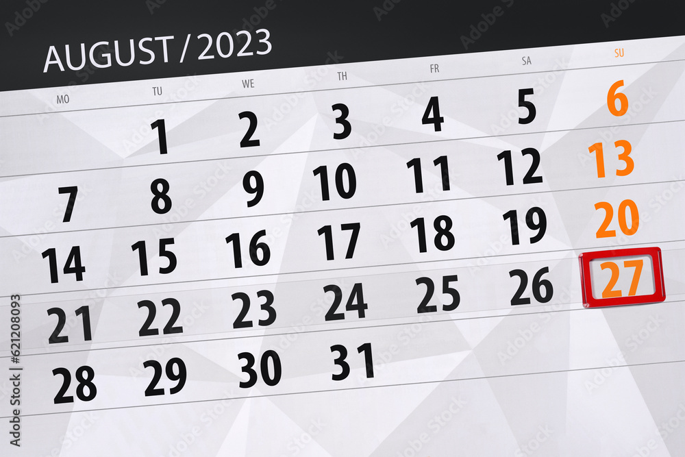 Fototapeta premium Calendar 2023, deadline, day, month, page, organizer, date, August, sunday, number 27