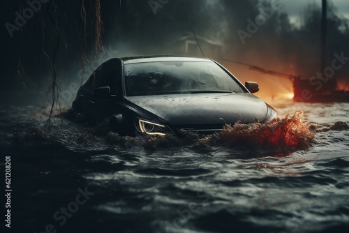 Car submerged in floodwater. Car insurance, Generative Ai