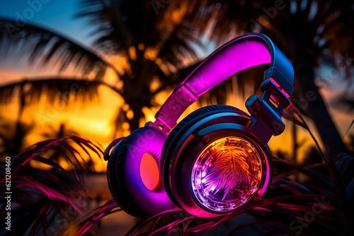 A DJ wearing headphones outdoors under neon lights, creating an energetic atmosphere, Generative Ai
