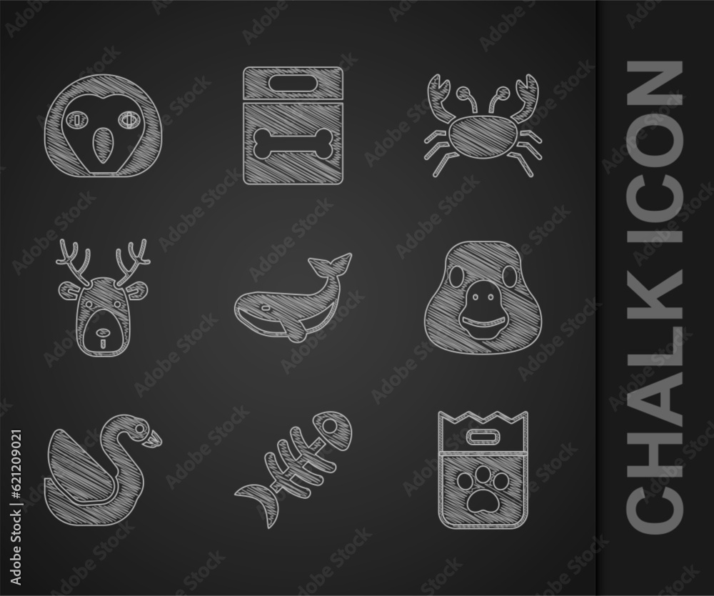 Set Whale, Fish skeleton, Bag of food, Goose bird, Swan, Deer head with antlers, Crab and Owl icon. Vector