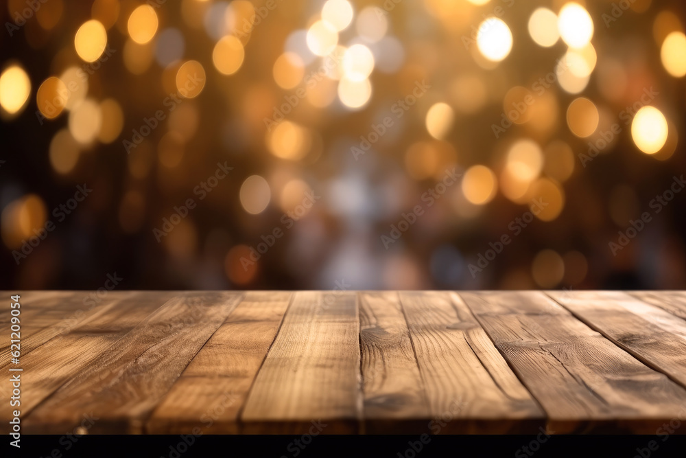 Christmas background. Empty wooden table on the background of the New Year's golden bokeh. Ready for product montage.Generative AI Christmas background. Empty wooden table on the background of the New Year's golden bokeh. Ready for product montage.Generative AI