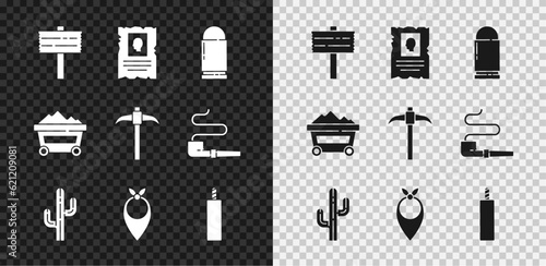 Set Road traffic signpost, Wanted western poster, Bullet, Cactus, Cowboy bandana, Dynamite bomb, Coal mine trolley and Pickaxe icon. Vector