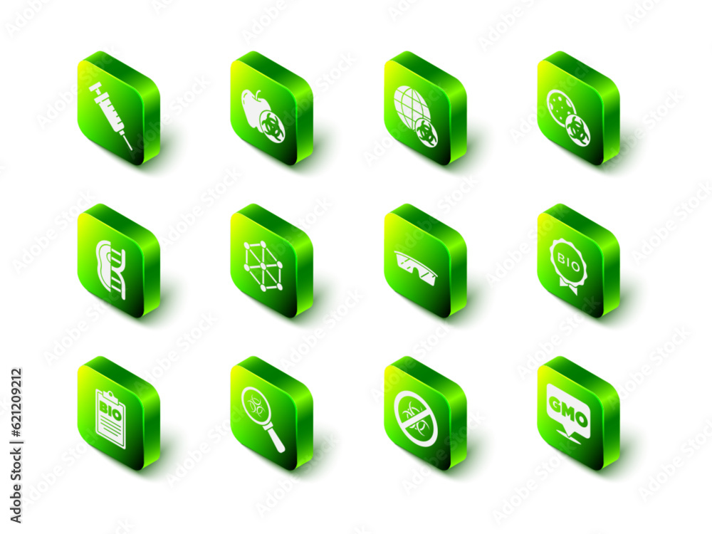 Set Genetically modified apple, GMO, Label for bio healthy food, Laboratory glasses, Stop and Biohazard and magnifying icon. Vector Set Genetically modified apple, GMO, Label for bio healthy food, Laboratory glasses, Stop and Biohazard and magnifying icon. Vector