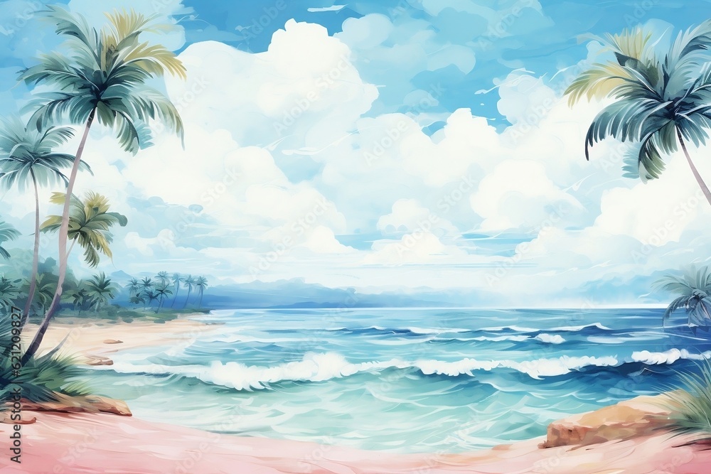 A drawing depicting the soothing pastel colors of a tropical beach, Generative Ai