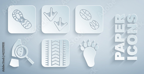 Set Tire track, Human footprints shoes, Magnifying glass with footsteps, Bear paw, Goose and icon. Vector