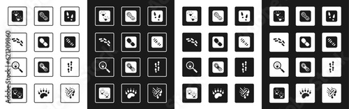 Set Human footprints shoes, Frog paw, and Paw search icon. Vector