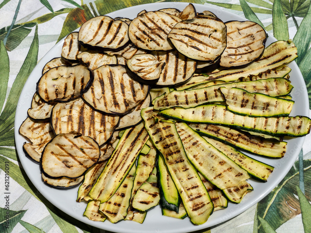 Delicious eggplant and zucchini grilled on a plate