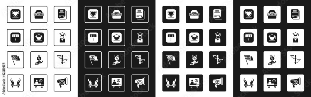 Set Document, Graduation cap, Prison cell door, Shield, Graduate and graduation, Censored stamp, Security camera and Peace icon. Vector Set Document, Graduation cap, Prison cell door, Shield, Graduate and graduation, Censored stamp, Security camera and Peace icon. Vector