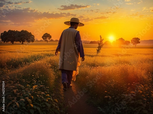 Loatian man in the fields sunset time. 