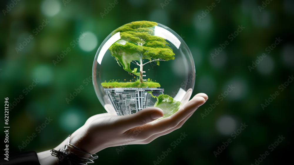 Earth crystal glass globe ball and tree in robot hand saving the environment, save a clean planet, ecology concept. technology science of environment concept for the development of sustainability.