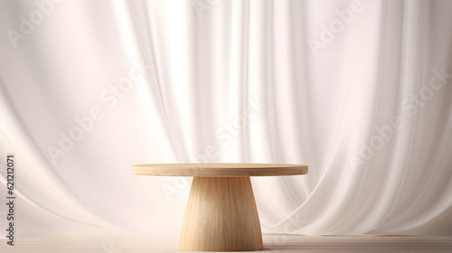 Empty modern round wooden podium side table in soft white blowing drapery curtain drapes in sunlight for luxury cosmetic, skincare, beauty treatment, fashion product display background 3D