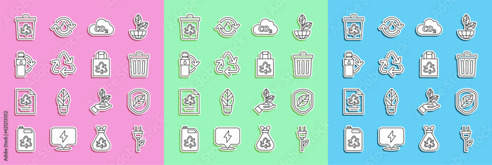 Set line Electric saving plug in leaf, Shield with, Trash can, CO2 emissions cloud, Recycle symbol, Recycling plastic bottle, bin recycle and Paper bag icon. Vector Set line Electric saving plug in leaf, Shield with, Trash can, CO2 emissions cloud, Recycle symbol, Recycling plastic bottle, bin recycle and Paper bag icon. Vector