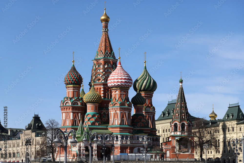 Cupolas of St. Basil's Cathedral on Red Square in Moscow Russia against blue cloudless sky