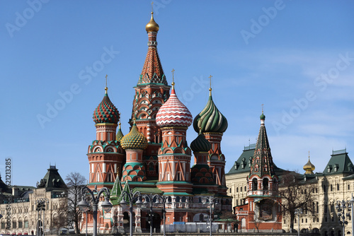 Cupolas of St. Basil's Cathedral on Red Square in Moscow Russia against blue cloudless sky