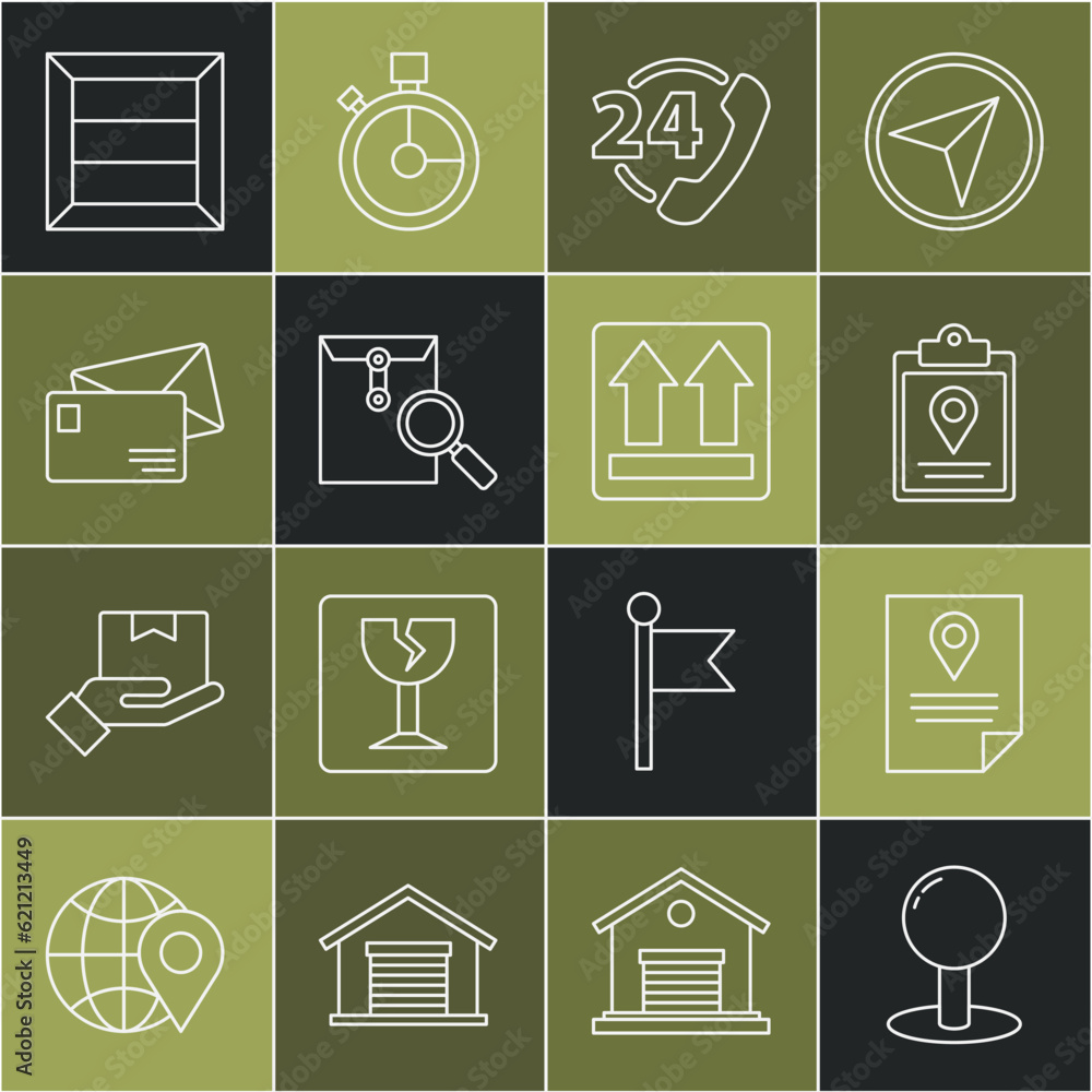 Set line Push pin, Document tracking marker system, Telephone 24 hours support, Envelope with magnifying glass, Wooden box and This side icon. Vector Set line Push pin, Document tracking marker system, Telephone 24 hours support, Envelope with magnifying glass, Wooden box and This side icon. Vector