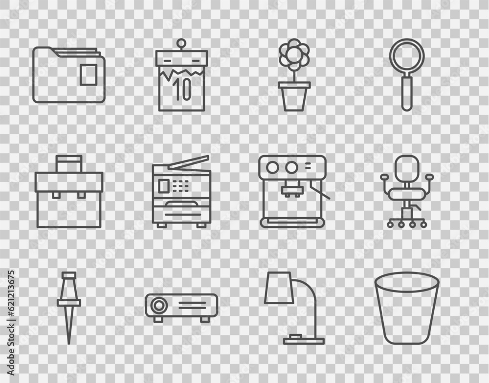 Set line Push pin, Trash can, Flower pot, Movie, film, media projector, Document folder, Printer, Table lamp and Office chair icon. Vector Set line Push pin, Trash can, Flower pot, Movie, film, media projector, Document folder, Printer, Table lamp and Office chair icon. Vector