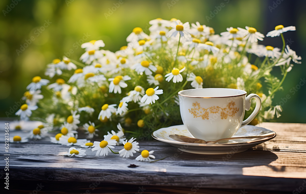 Spring Time - Chamomile Flowers In Teacup On Wooden Table In Garden Spring Time - Chamomile Flowers In Teacup On Wooden Table In Garden