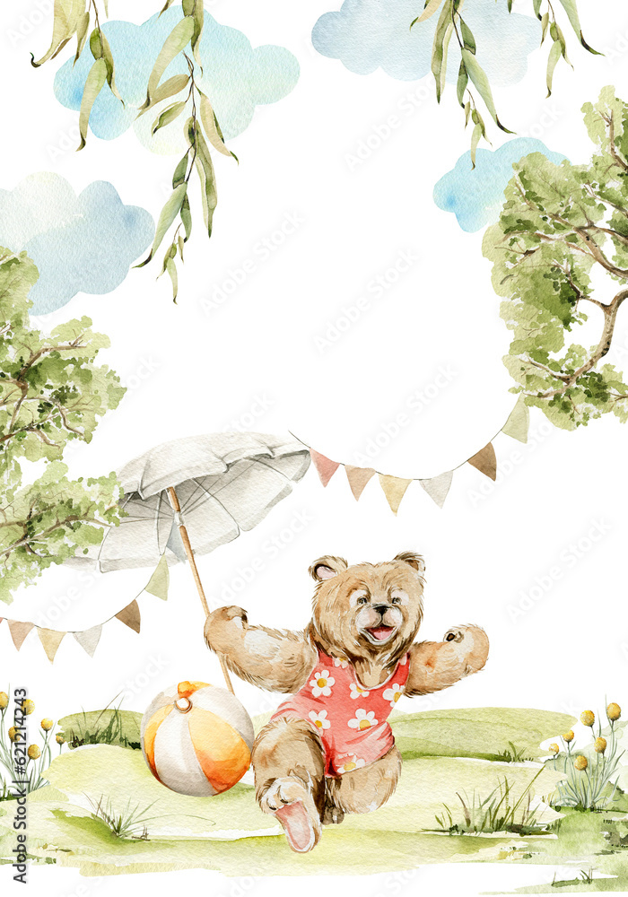 Naklejka premium Watercolor nursery set with cartoon character. Hand painted cute baby animals bear, forest sunny landscape, summer beach, sea. Travel card illustration for baby shower design, kids print, trip