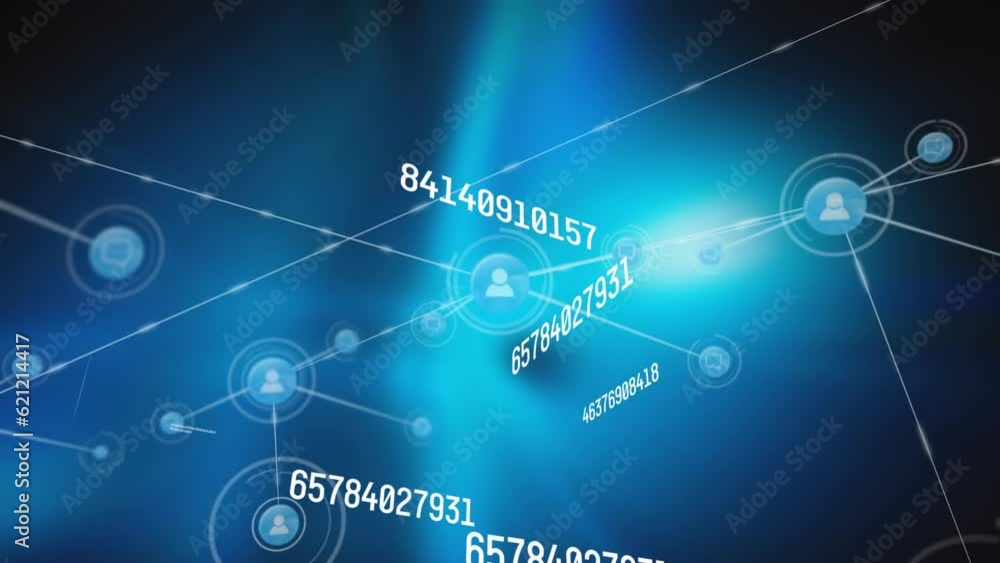 Animation of network of connections with icons and data processing Animation of network of connections with icons and data processing