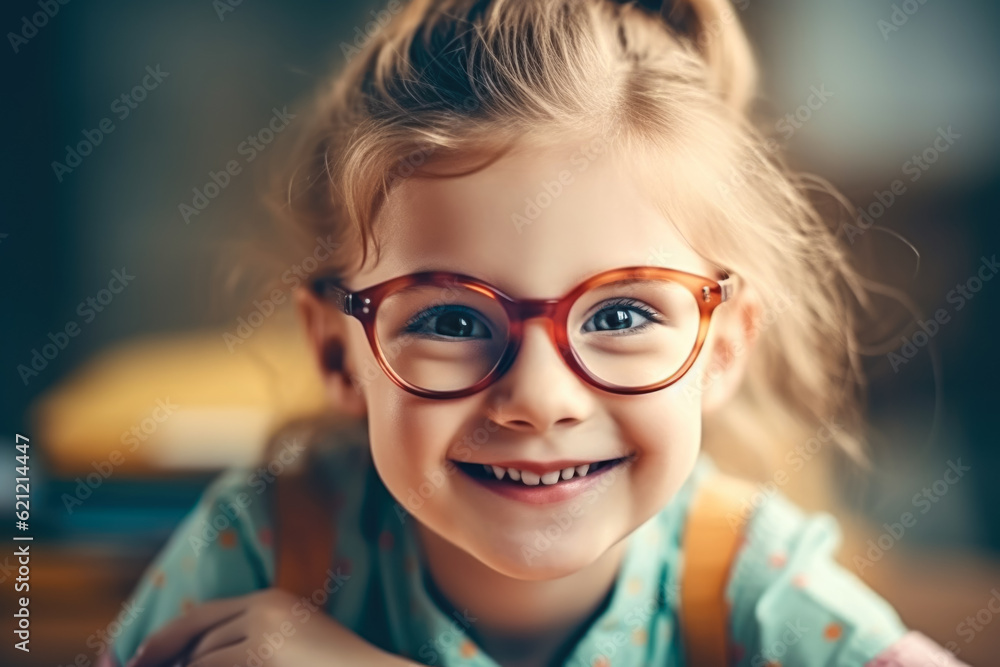 Portrait of cute schoolgirl in glasses sitting at a desk smiling. Generative AI Portrait of cute schoolgirl in glasses sitting at a desk smiling. Generative AI