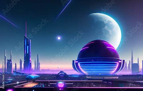 Futuristic city of the future in blue shades of the building against the background of a huge moon ,Generative AI