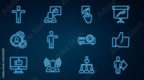Set line Team leader, Hand like, Head hunting, Media projector and icon. Vector