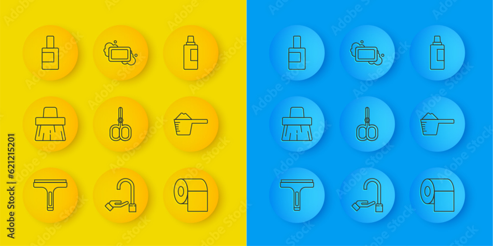 Set line Rubber cleaner, Handle broom, Nail scissors, Toilet paper roll, Washing powder, Bottle for cleaning agent, and Bar of soap icon. Vector Set line Rubber cleaner, Handle broom, Nail scissors, Toilet paper roll, Washing powder, Bottle for cleaning agent, and Bar of soap icon. Vector