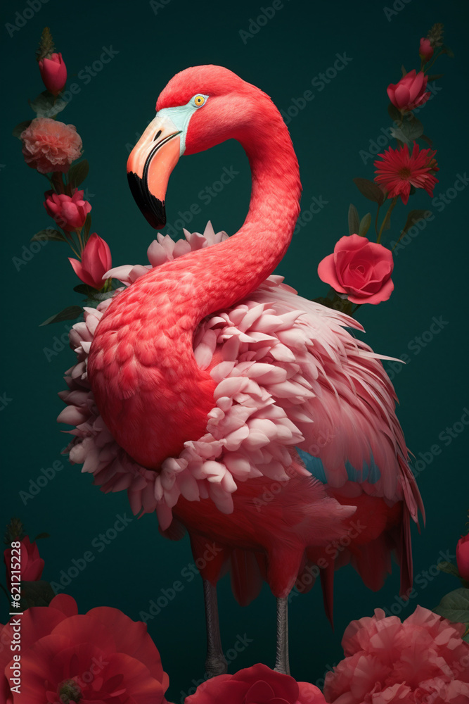 Φωτογραφία A conceptual image of a Flamingo made from unconventional materials, such as flowers or feathers, challenging the perception of Flamingo as solely utilitarian objects