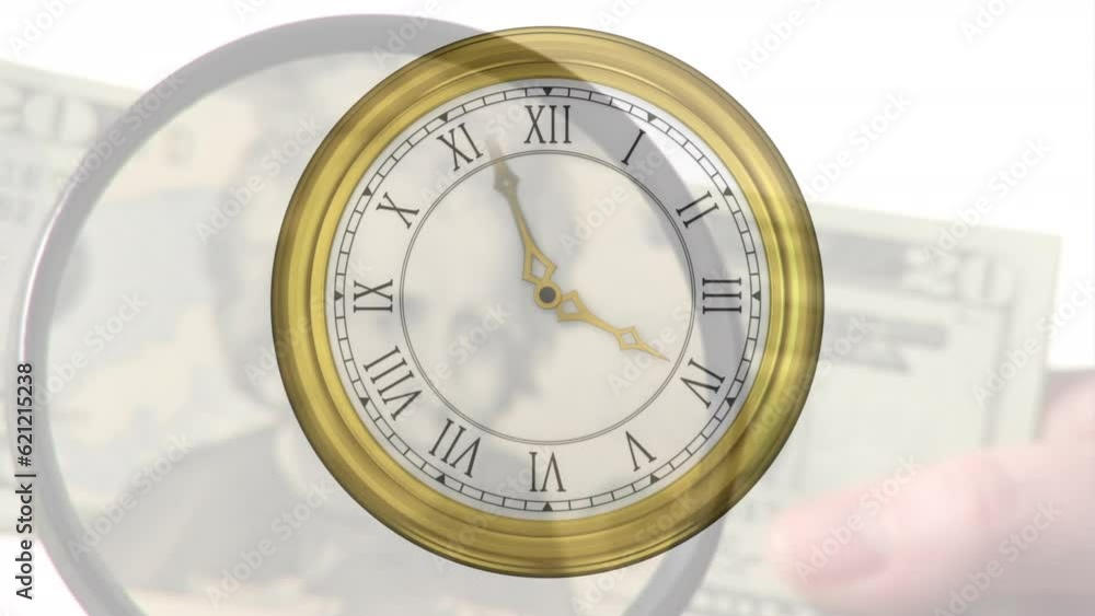 Animation of clock ticking over american dollar currency Animation of clock ticking over american dollar currency