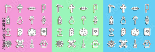 Set line Ghost, Ancient magic book, Candy, Vampire teeth, Bomb ready to explode, Camping lantern, Scythe and Lollipop icon. Vector