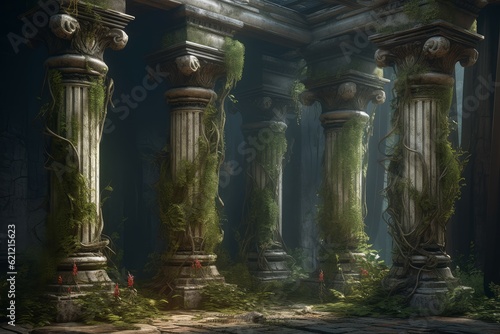 Antique columns old forest. Generate Ai