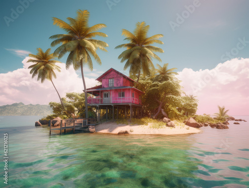 Island Oasis: Tranquil Escape to a Vibrant Pink Wooden House - Palm Trees and Blissful Serenade - Generative AI © Code Canvas