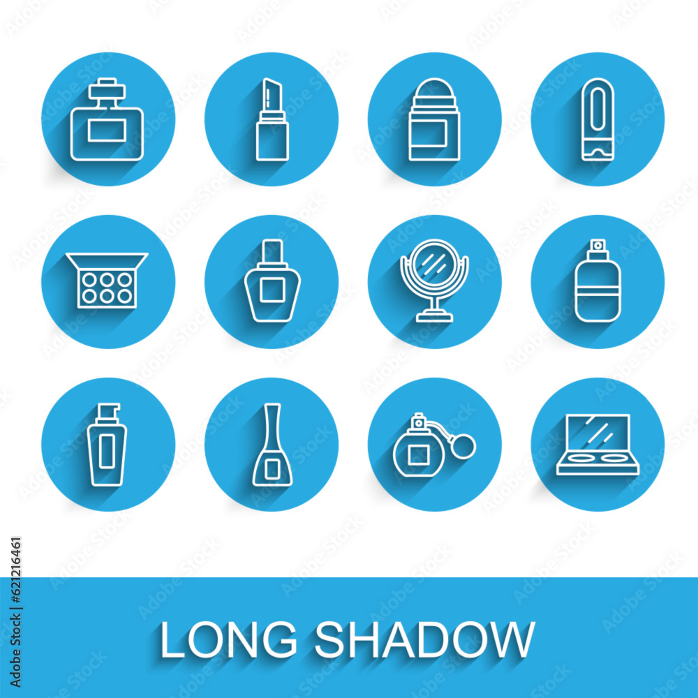 Set line Bottle of shampoo, Nail polish bottle, Perfume, Makeup powder with mirror, and Round makeup icon. Vector Set line Bottle of shampoo, Nail polish bottle, Perfume, Makeup powder with mirror, and Round makeup icon. Vector