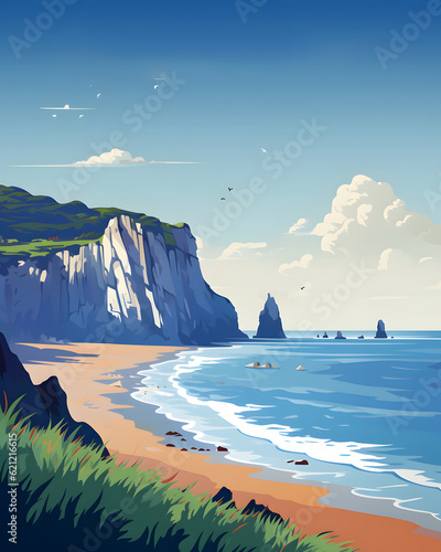 Explore Etretat, France Seascape with Rock Cliffs. A Stunning Vector Illustration for Your Travel Poster