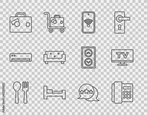 Set line Fork and spoon, Telephone handset, Mobile with wi-fi wireless, Hotel room bed, Suitcase, Sofa, Five stars rating review and Smart Tv icon. Vector