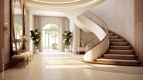 Interior design of modern entrance hall with staircase in villa. Created with generative