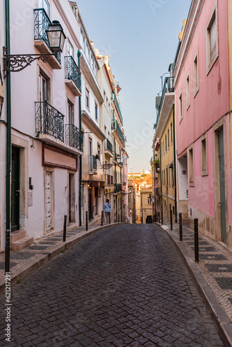 Cobbled and sloping street in the Chiado neighborhood in Lisbon, Portugal.