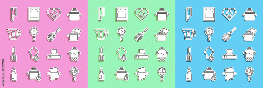 Set line Fried eggs on frying pan, Cooking pot, Chef hat, Frying, Measuring cup, Meat chopper and Kitchen whisk icon. Vector Set line Fried eggs on frying pan, Cooking pot, Chef hat, Frying, Measuring cup, Meat chopper and Kitchen whisk icon. Vector