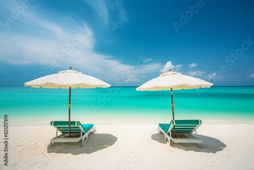 Beach chairs umbrella. Generate Ai © nsit0108