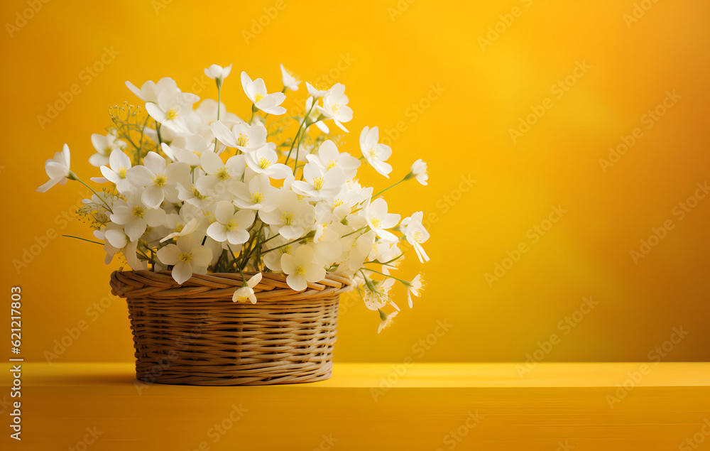 White flowers and a bamboo basket on yellow spring background